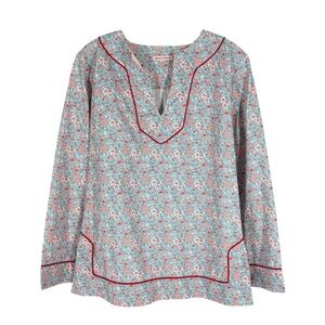 Kayce Hughes Blouse Womens Size 4 Blue Floral Ditsy Print Cotton Red Piping